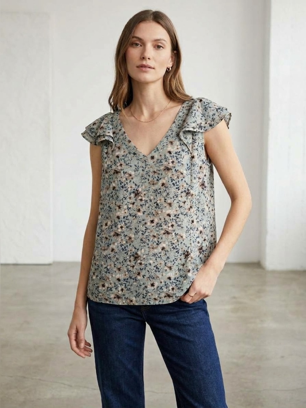 Reitmans Floral V-Neck Ruffle Sleeve Camisole - Light Sage & Navy, beige